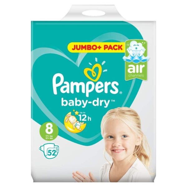 Pampers Baby Dry Size 8 Nappies Diapers with Air Channels - Jumbo+ Pack of 52